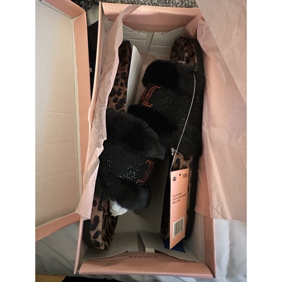 Juicy Couture Slide Slippers Faux Fur Crystals Black Leopard Womens Size 10 NIB - Picture 3 of 4